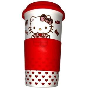 Hello Kitty Red Hearts Bow Ceramic Travel Cup Heat Protective Sleeve Kawaii 12oz
